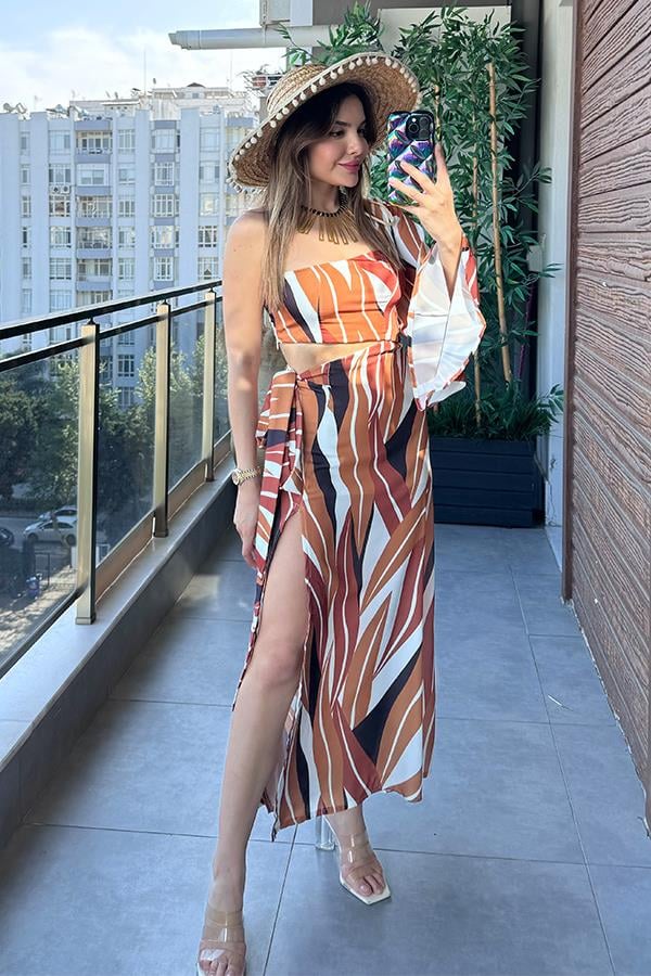 Salvio Tek Kol Renkli Saten Elbise - Kiremit