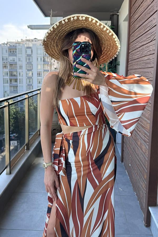 Salvio Tek Kol Renkli Saten Elbise - Kiremit