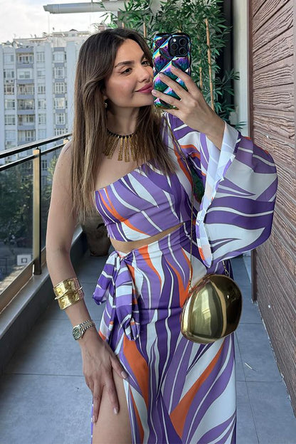 Salvio Tek Kol Renkli Saten Elbise - Lila