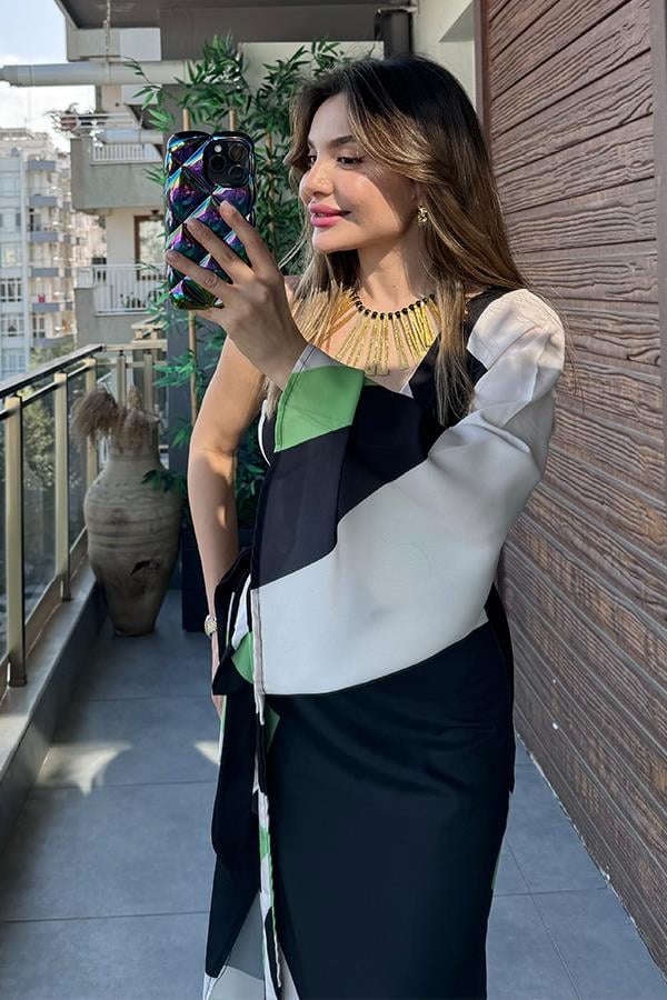 Salvio Tek Kol Renkli Saten Elbise - Siyah