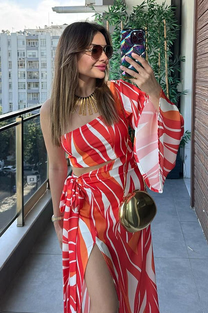 Salvio Tek Kol Renkli Saten Elbise - Turuncu