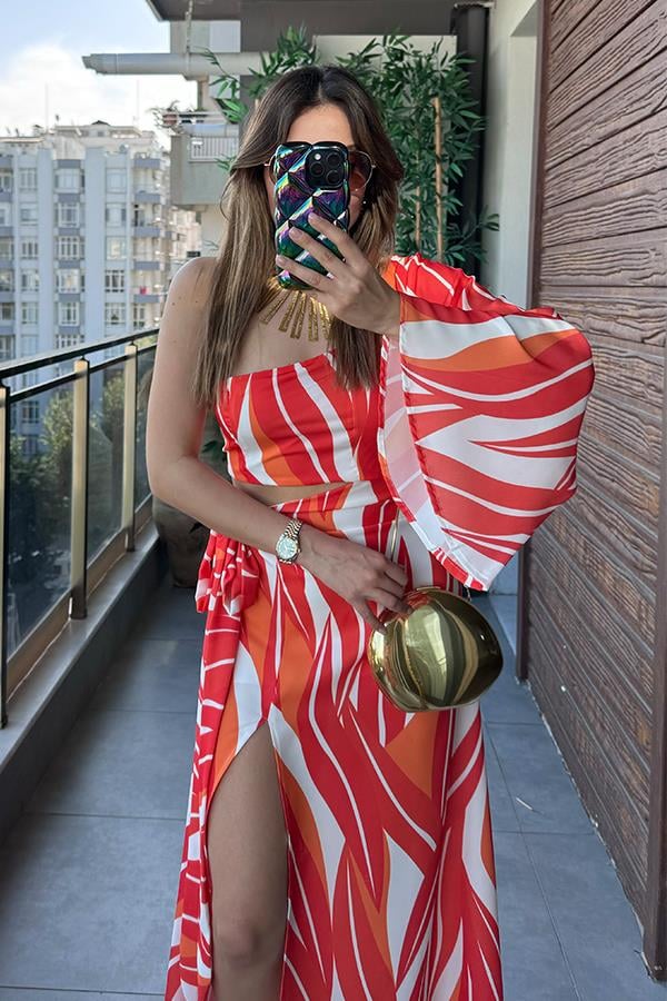 Salvio Tek Kol Renkli Saten Elbise - Turuncu