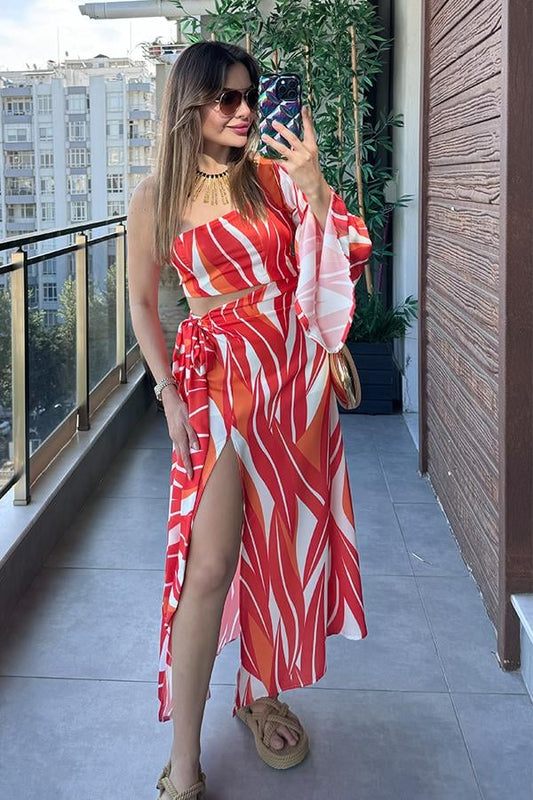 Salvio Tek Kol Renkli Saten Elbise - Turuncu