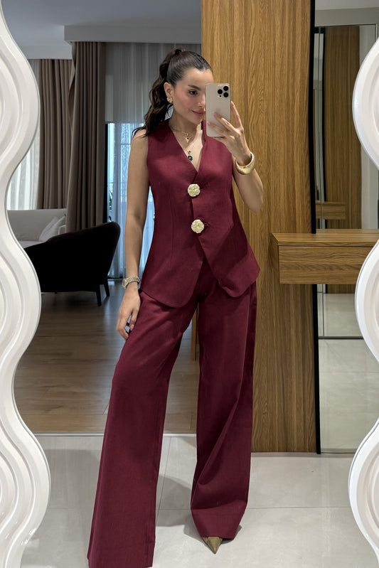 Samantha Bordo Gold Düğmeli Keten Takım