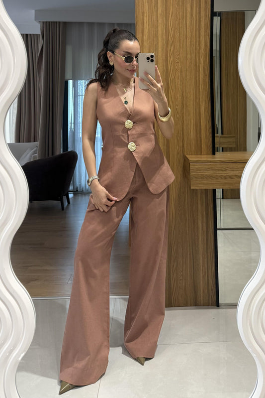 Samantha Kiremit Gold Düğmeli Keten Takım
