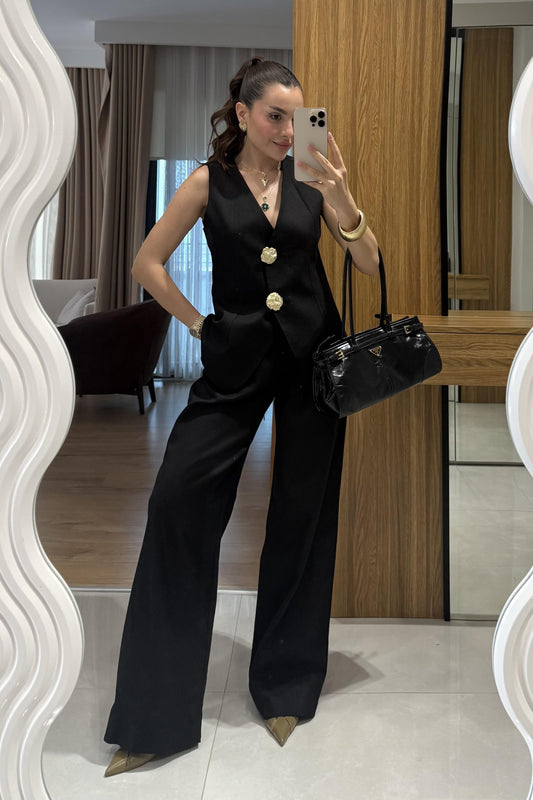 Samantha Siyah Gold Düğmeli Keten Takım