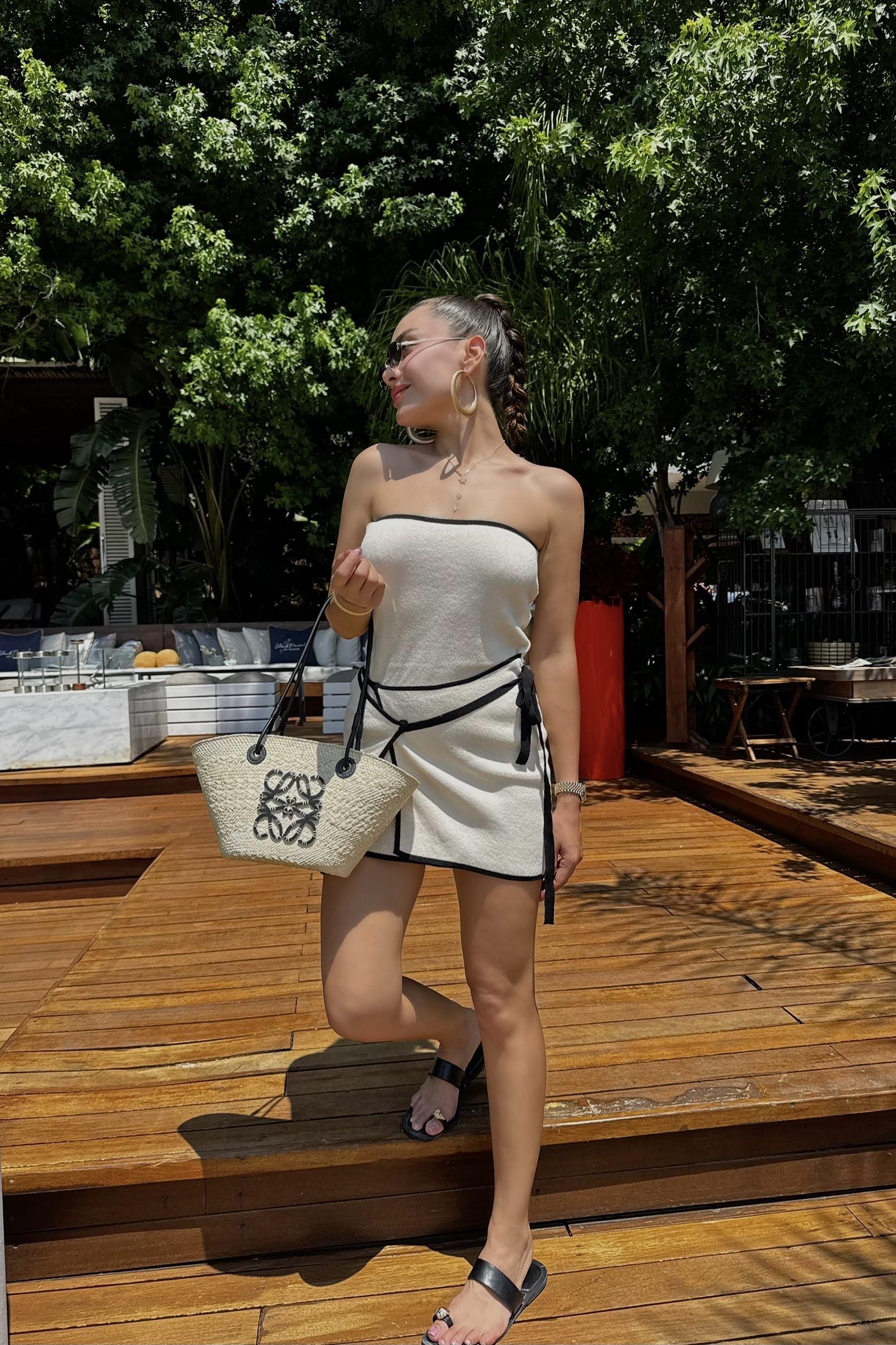 Sanba Krem Çizgi Geçişli Basic Triko Elbise