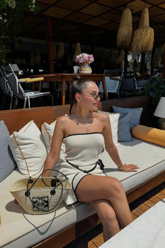 Sanba Krem Çizgi Geçişli Basic Triko Elbise