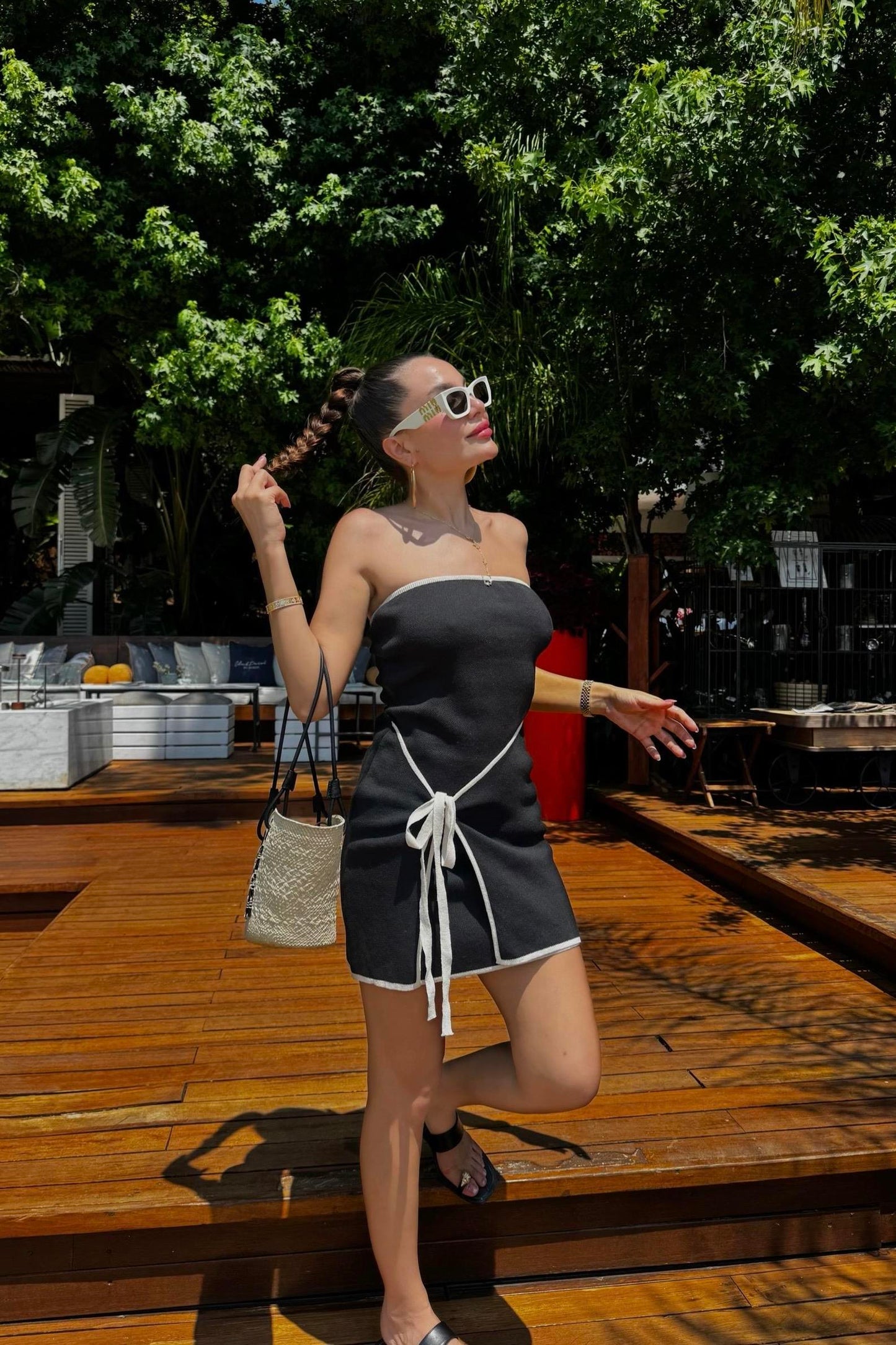 Sanba Siyah Çizgi Geçişli Basic Triko Elbise