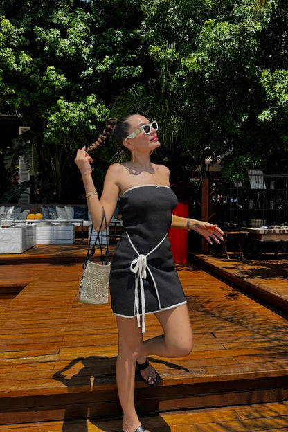 Sanba Siyah Çizgi Geçişli Basic Triko Elbise