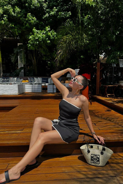 Sanba Siyah Çizgi Geçişli Basic Triko Elbise