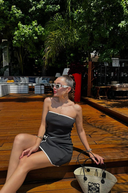 Sanba Siyah Çizgi Geçişli Basic Triko Elbise