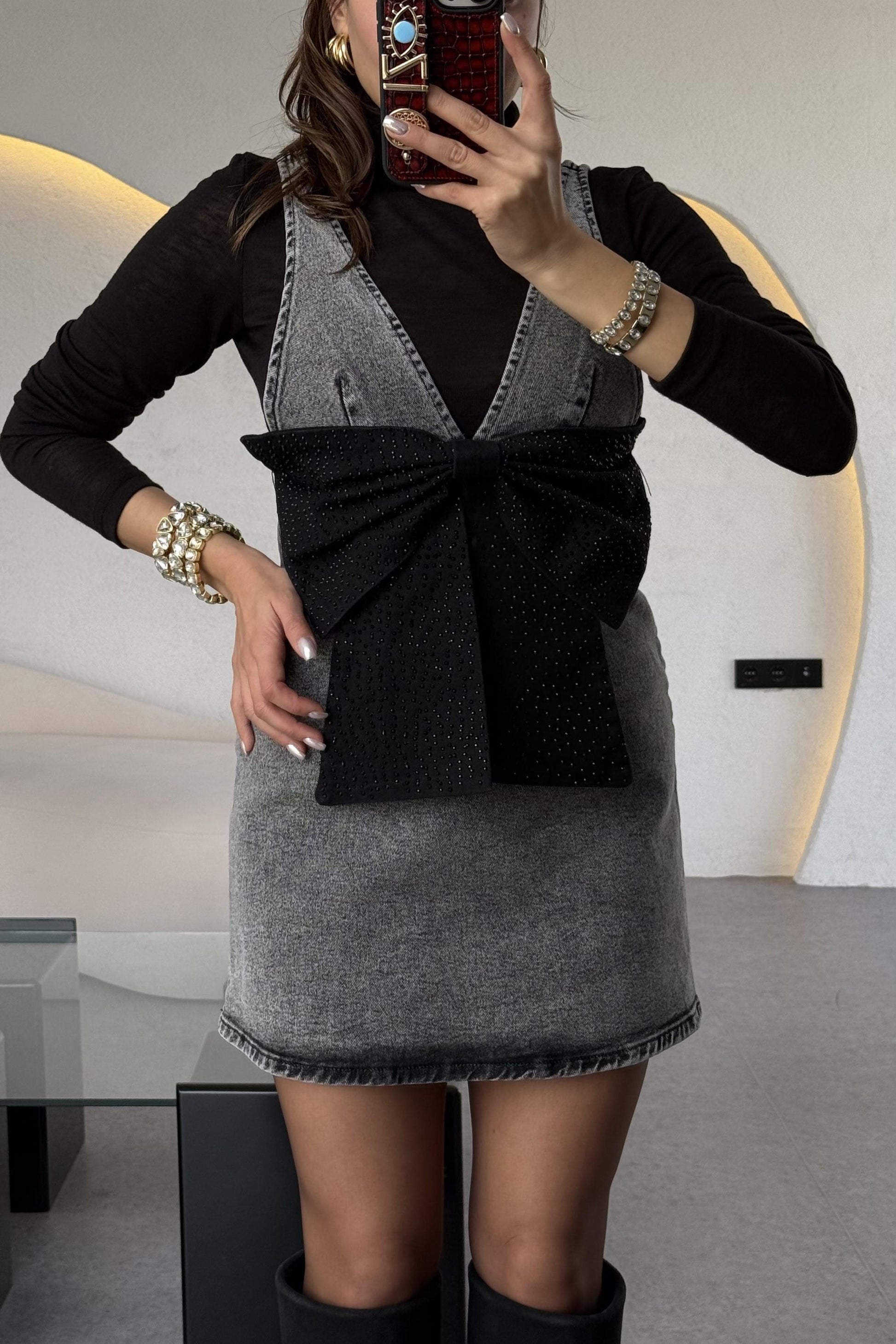 Samuel Gri Fiyonk Taşlı Denim Elbise