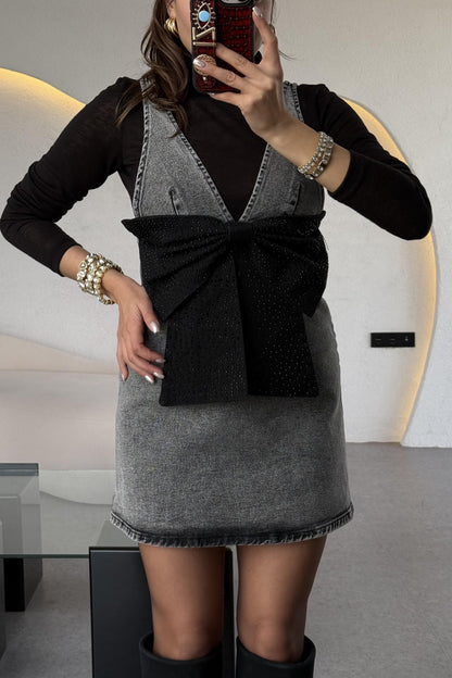 Samuel Gri Fiyonk Taşlı Denim Elbise