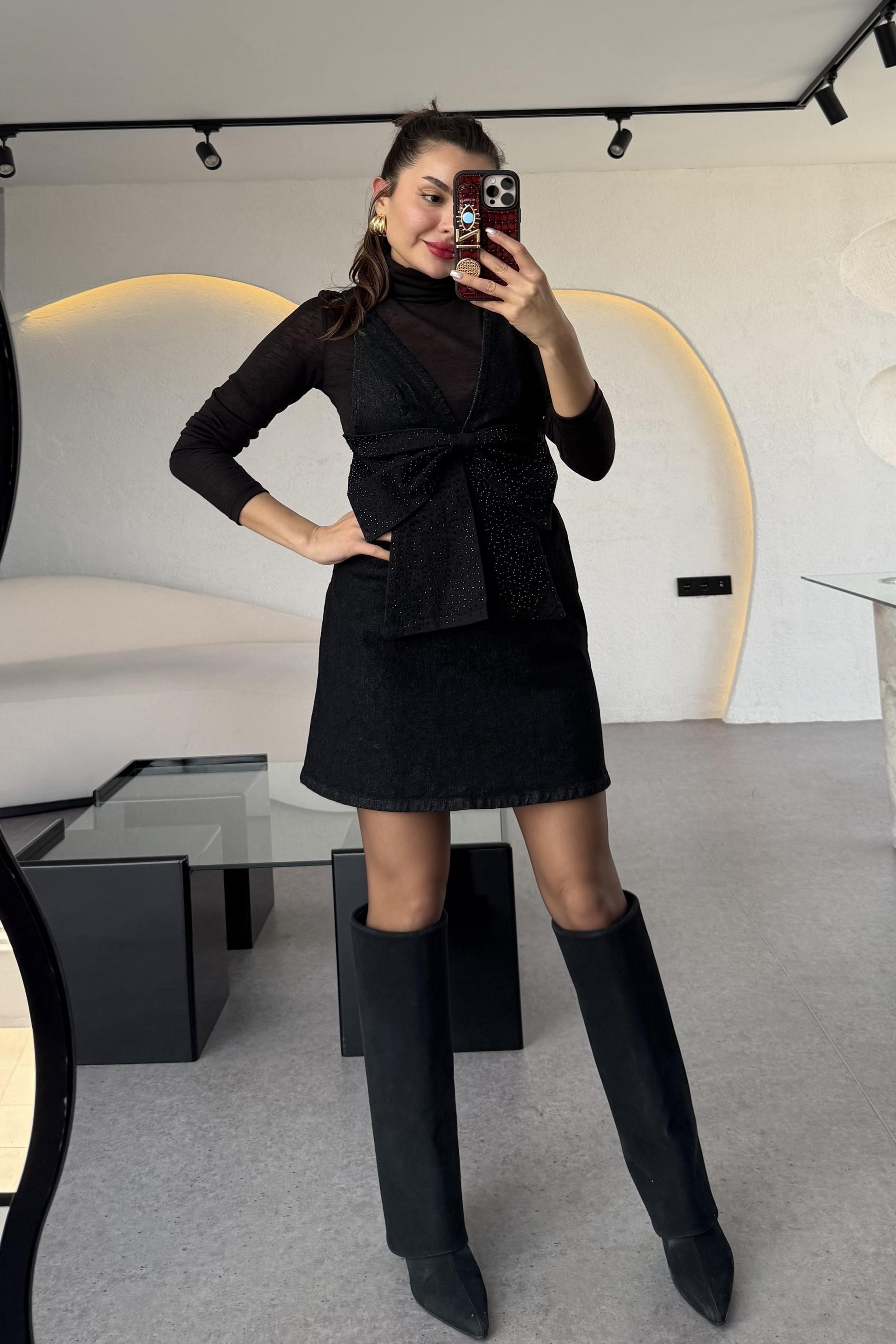 Samuel Siyah Fiyonk Taşlı Denim Elbise