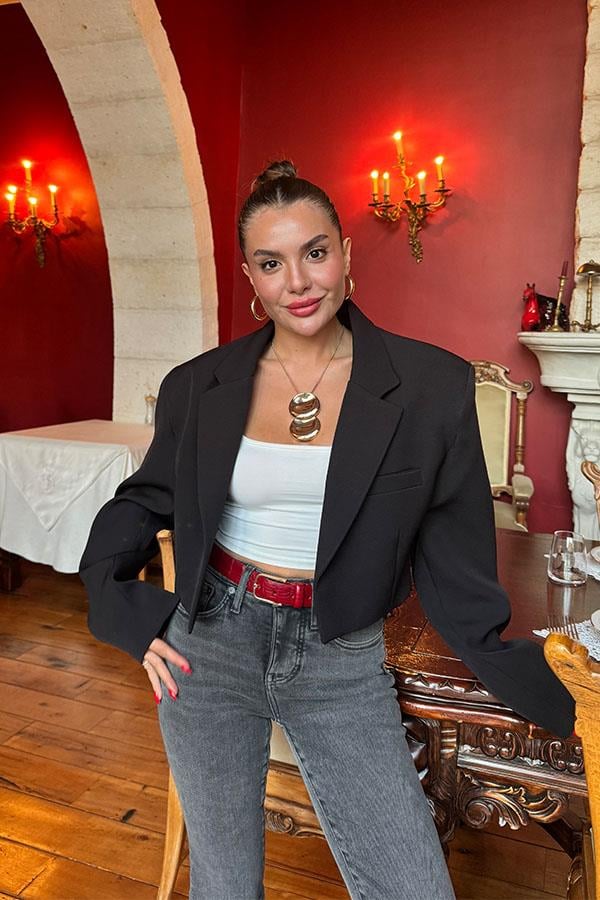 Sanchez Vatkalı Premium Siyah Crop Ceket