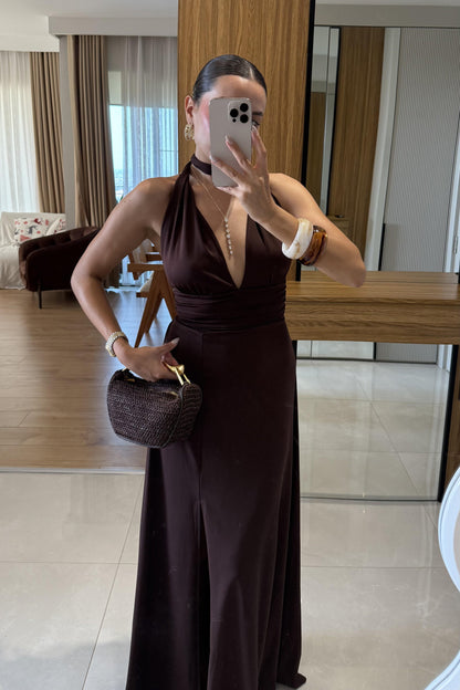 Sanjose Kahve Boyundan Bağlamalı Elbise