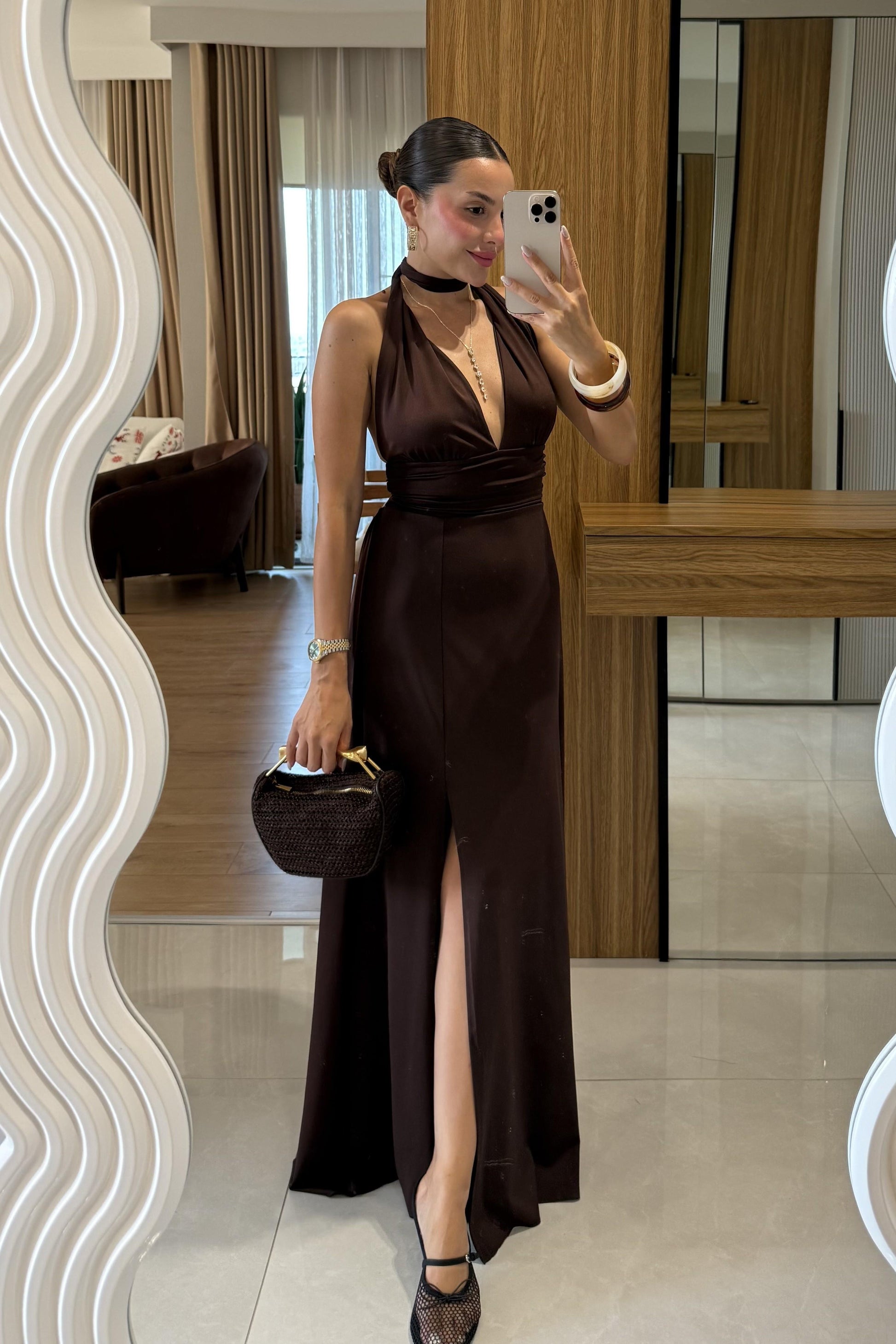 Sanjose Kahve Boyundan Bağlamalı Elbise