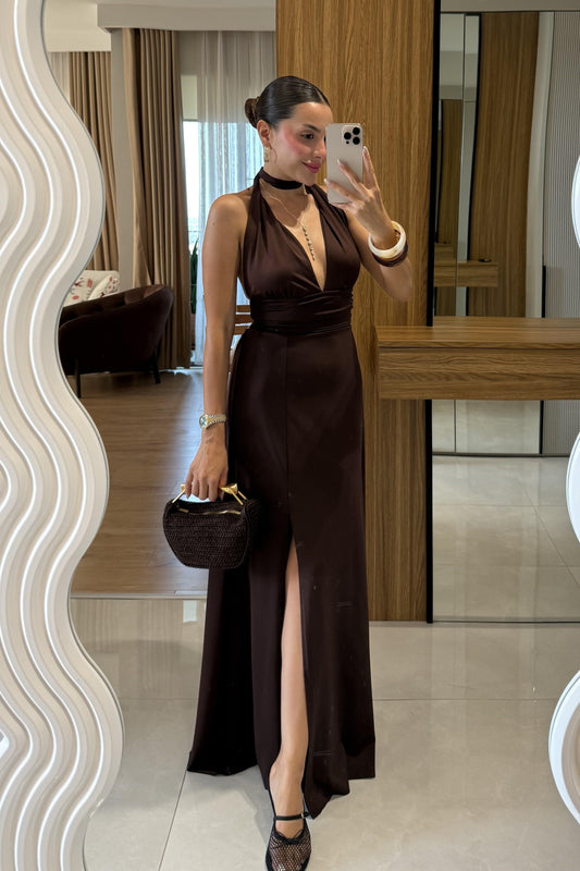 Sanjose Kahve Boyundan Bağlamalı Elbise