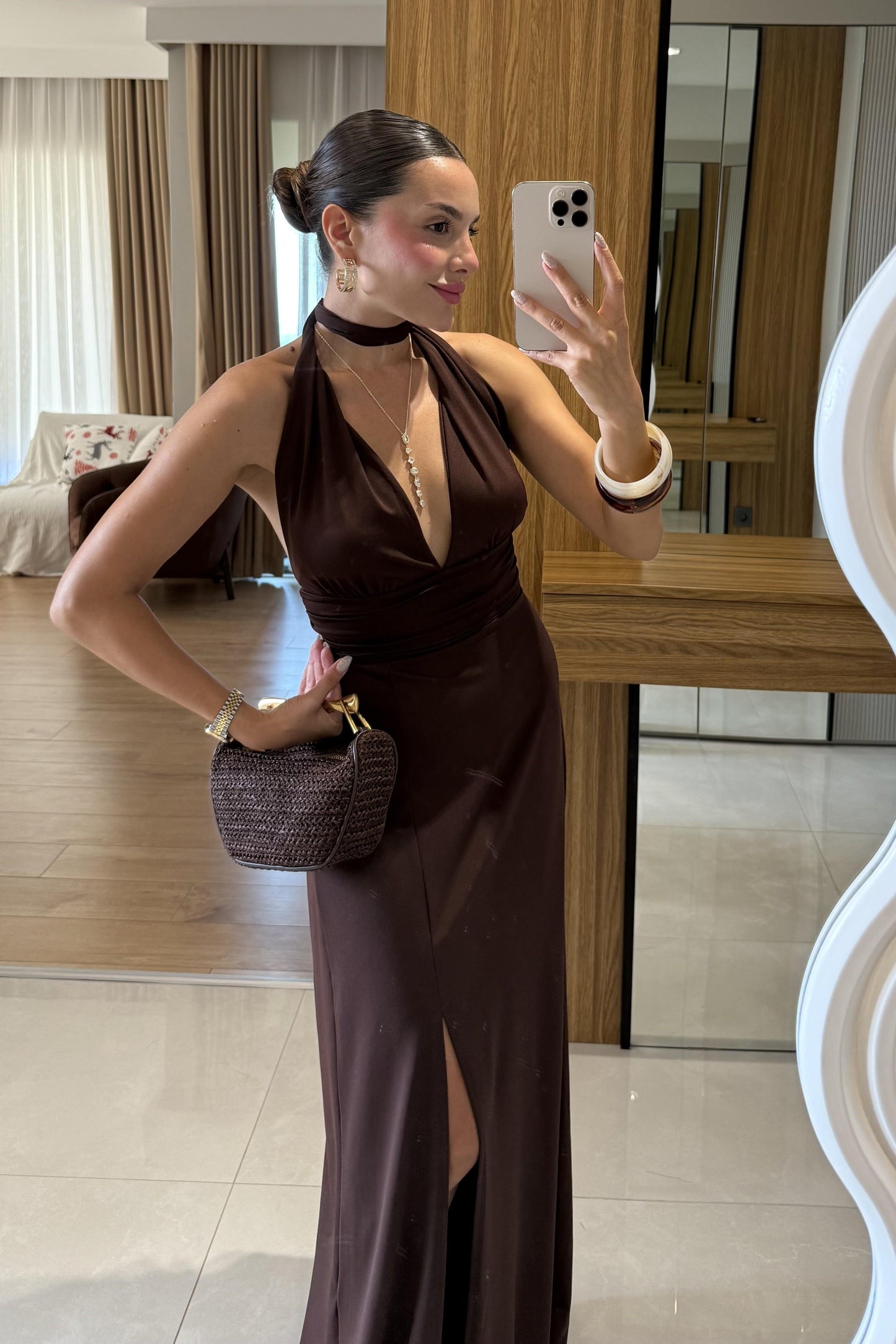 Sanjose Kahve Boyundan Bağlamalı Elbise