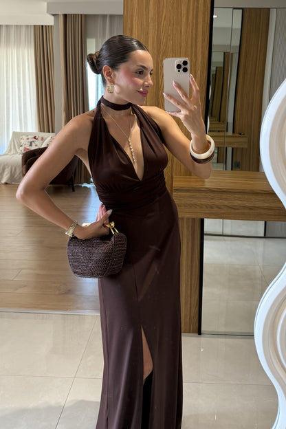 Sanjose Kahve Boyundan Bağlamalı Elbise