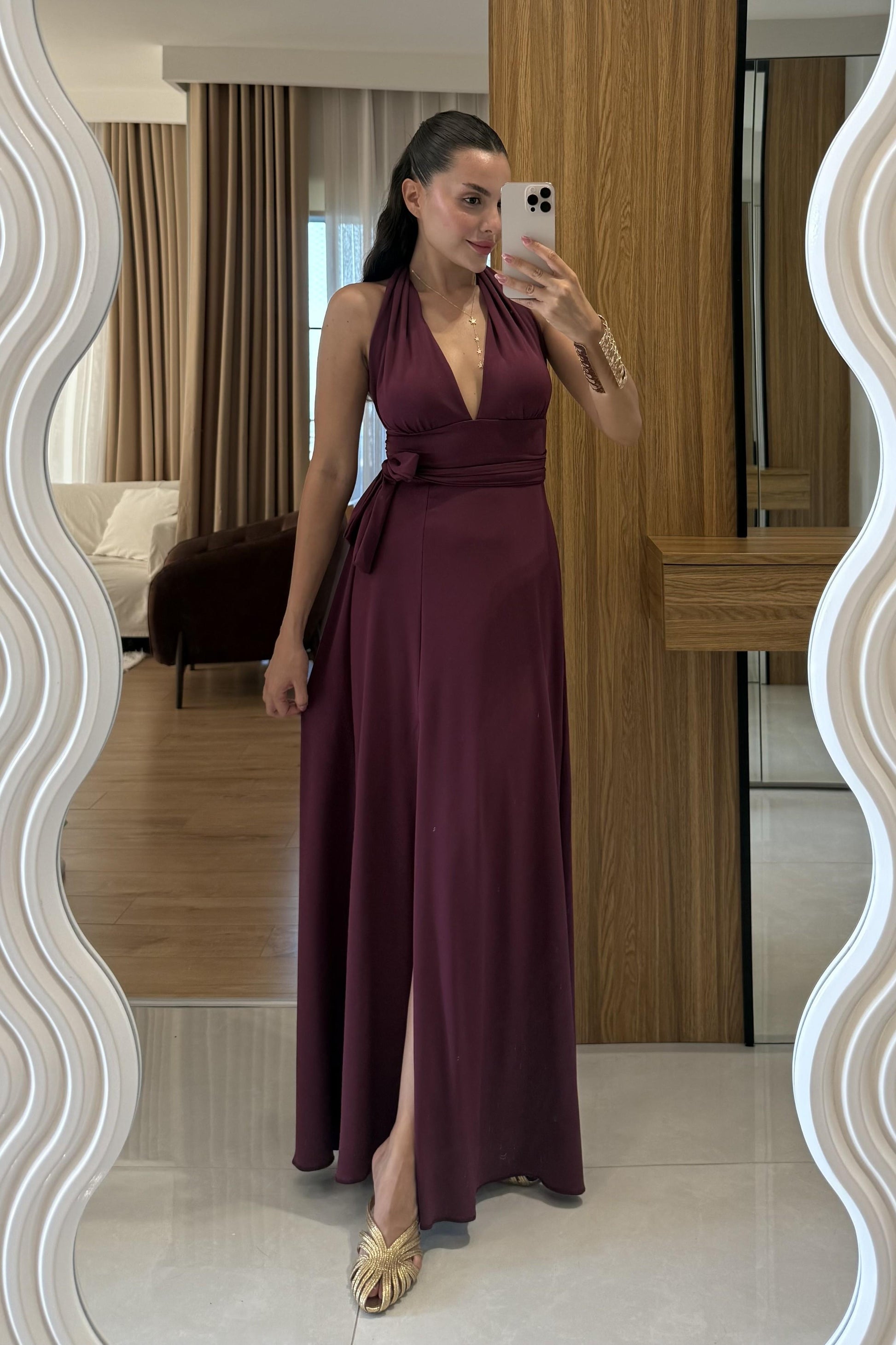 Sanjose Mürdüm Boyundan Bağlamalı Elbise