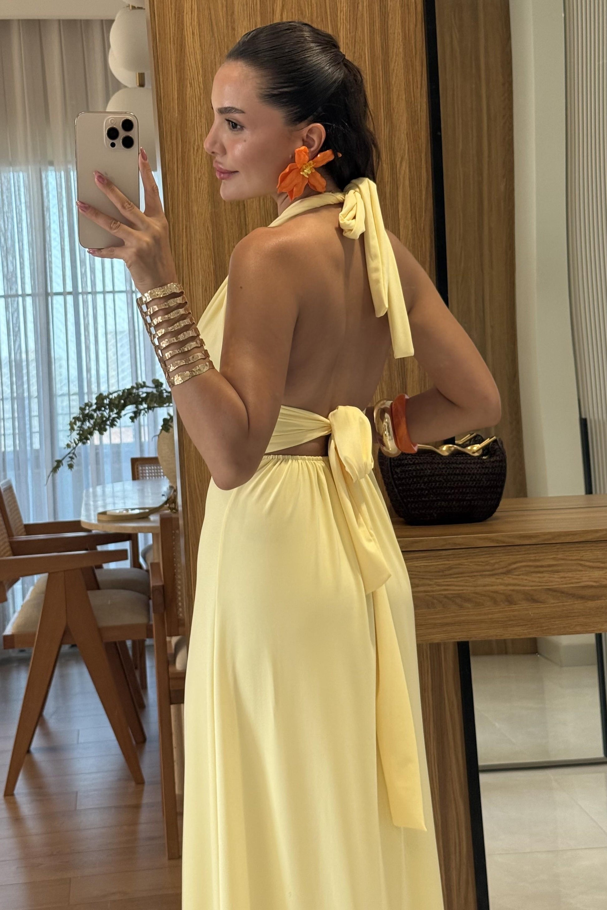 Sanjose Sarı Boyundan Bağlamalı Elbise