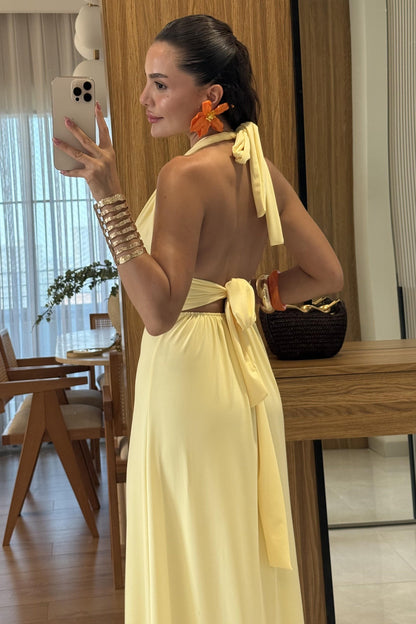 Sanjose Sarı Boyundan Bağlamalı Elbise