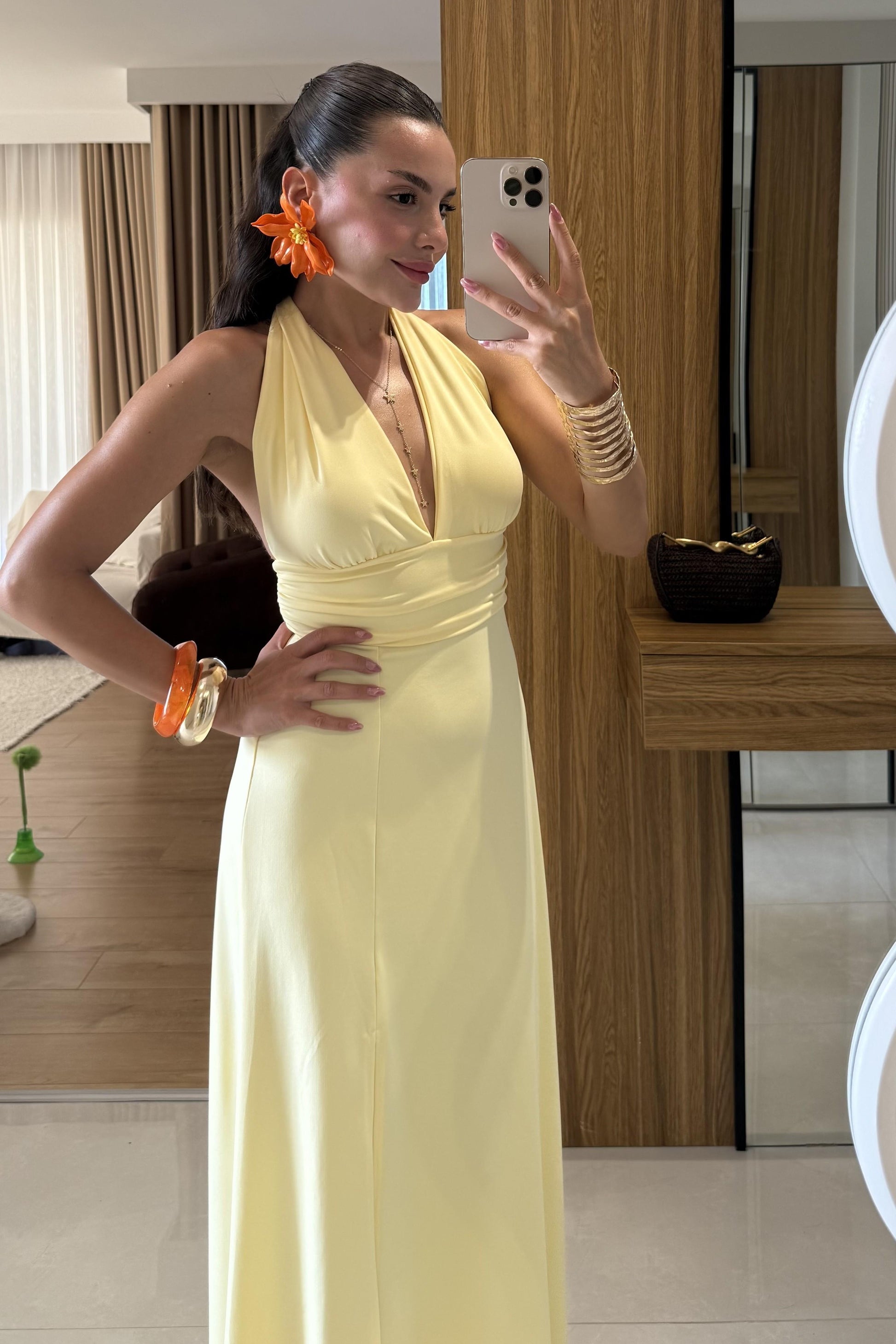 Sanjose Sarı Boyundan Bağlamalı Elbise