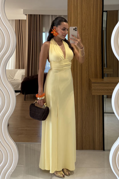 Sanjose Sarı Boyundan Bağlamalı Elbise