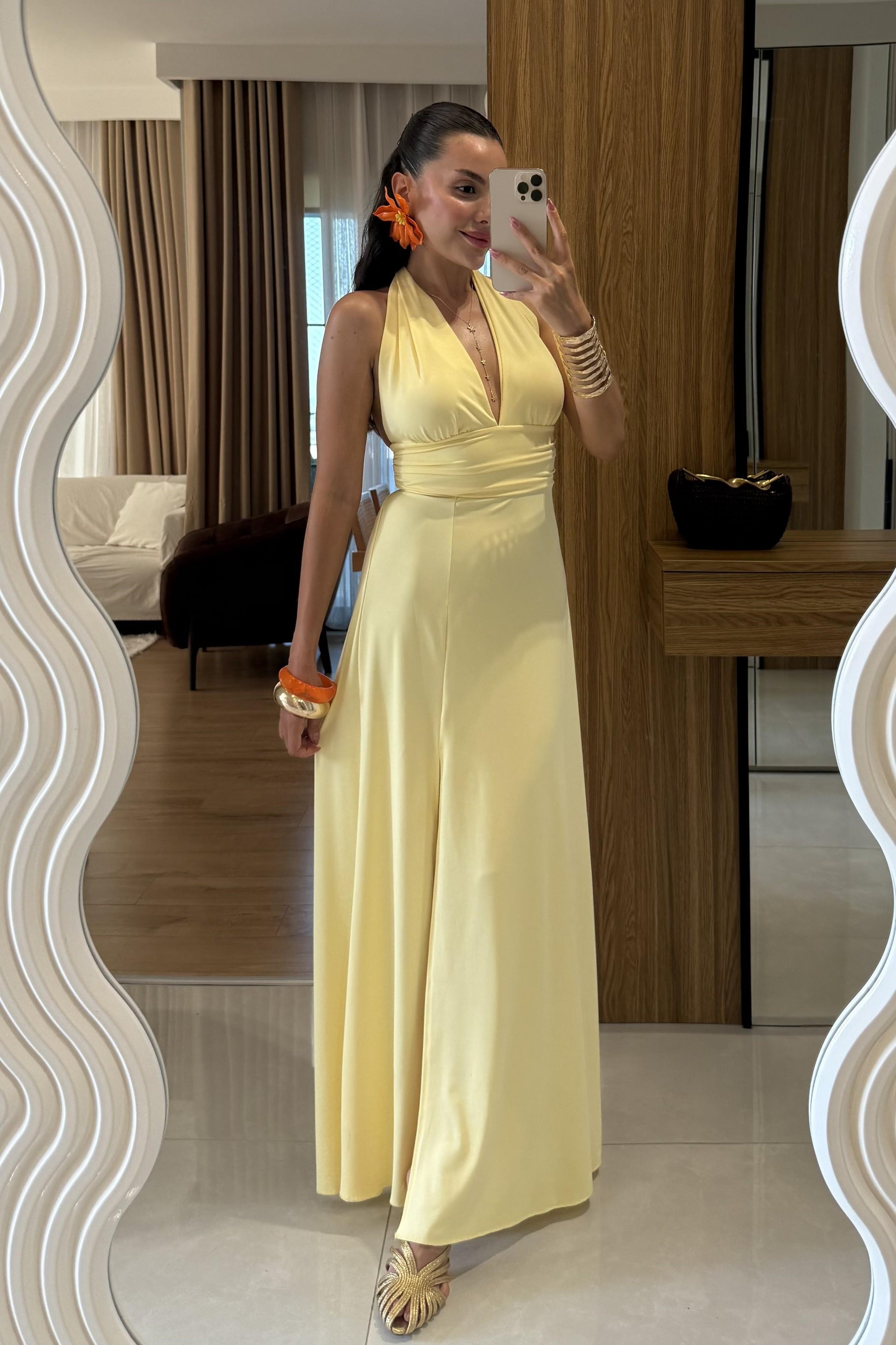 Sanjose Sarı Boyundan Bağlamalı Elbise