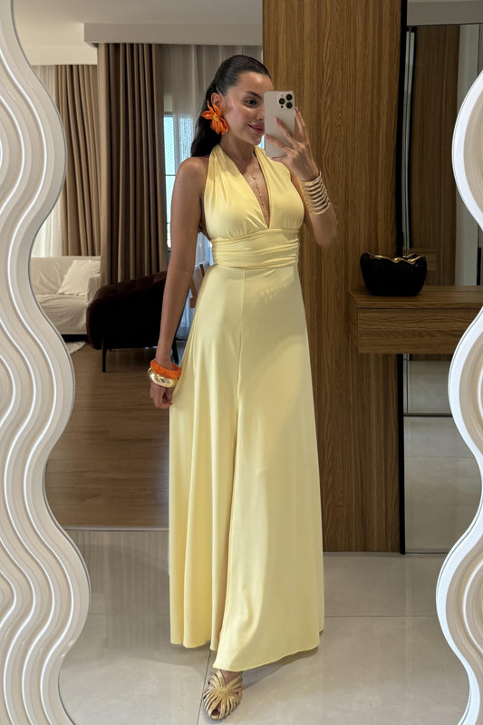 Sanjose Sarı Boyundan Bağlamalı Elbise