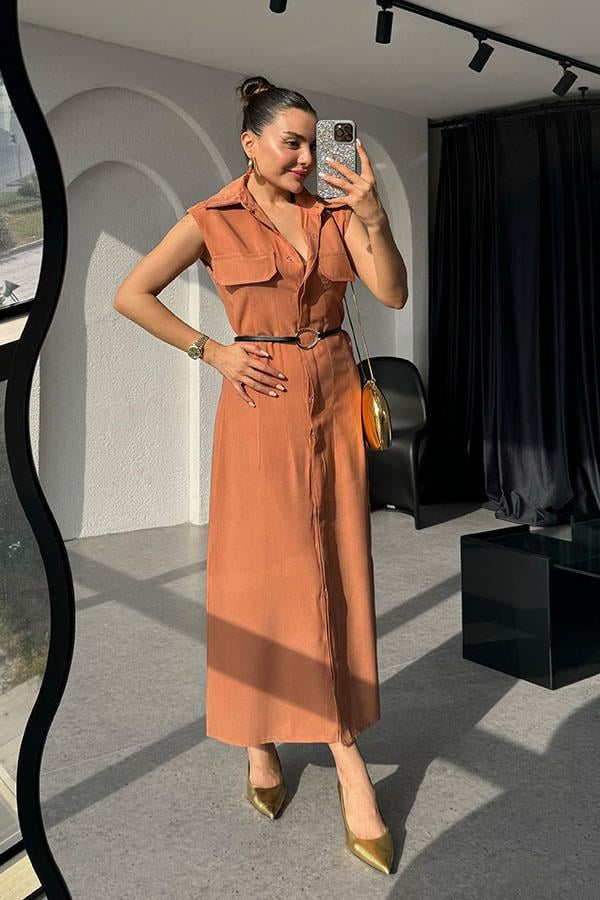 Santino Tensel Kemerli Kiremit Elbise