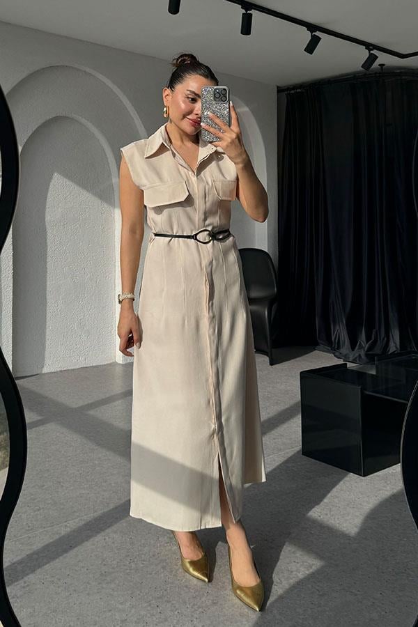 Santino Tensel Kemerli Krem Elbise