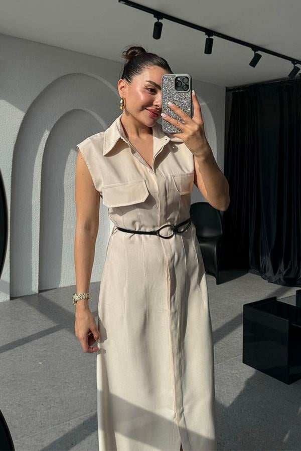 Santino Tensel Kemerli Krem Elbise