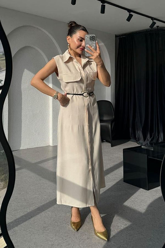 Santino Tensel Kemerli Krem Elbise