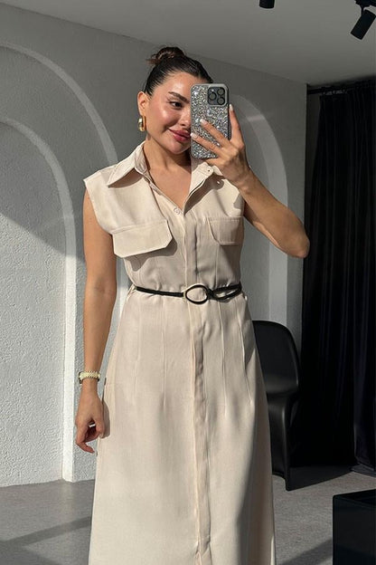 Santino Tensel Kemerli Krem Elbise