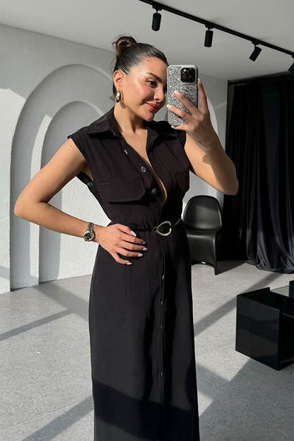 Santino Tensel Kemerli Siyah Elbise