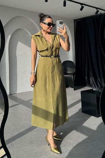 Santino Tensel Kemerli Yağ Yeşil Elbise