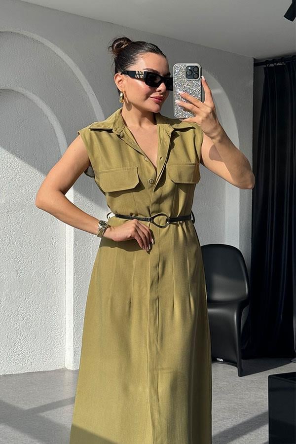 Santino Tensel Kemerli Yağ Yeşil Elbise