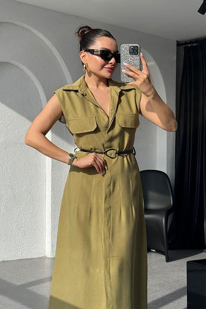 Santino Tensel Kemerli Yağ Yeşil Elbise
