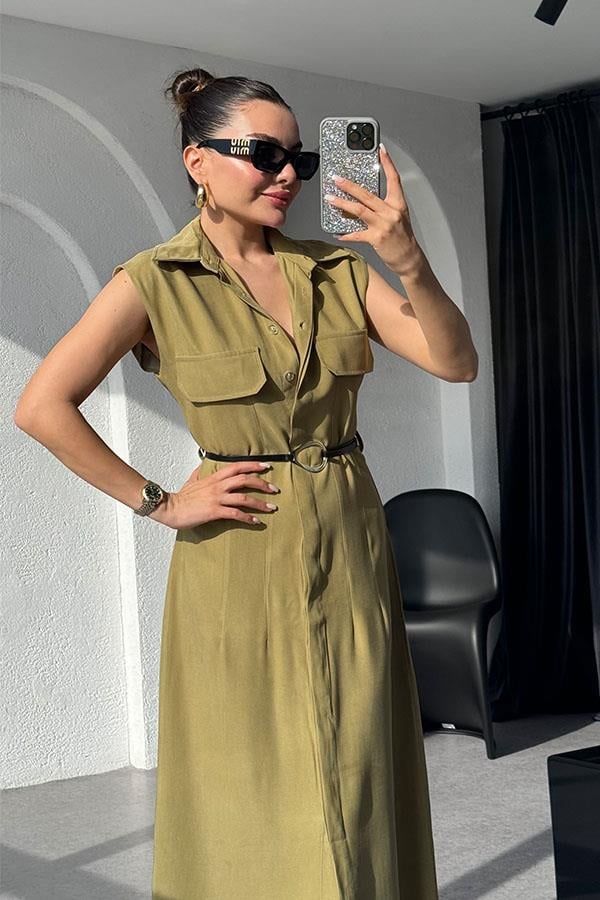 Santino Tensel Kemerli Yağ Yeşil Elbise