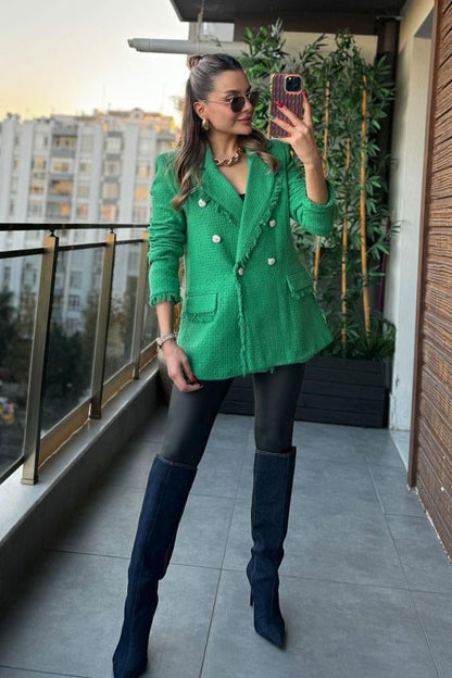 Santoli Püskül Detaylı Tüvit Blazer Ceket - Yeşil