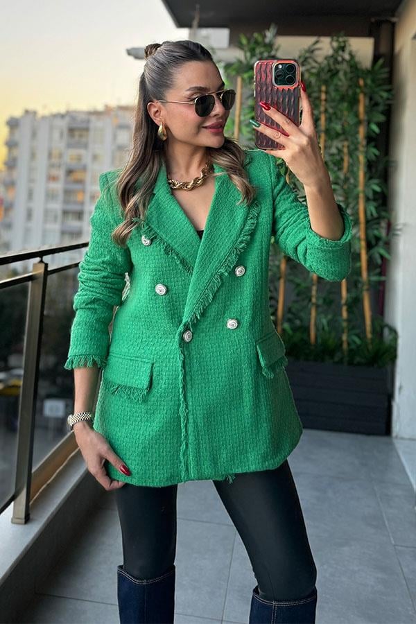 Santoli Püskül Detaylı Tüvit Blazer Ceket - Yeşil