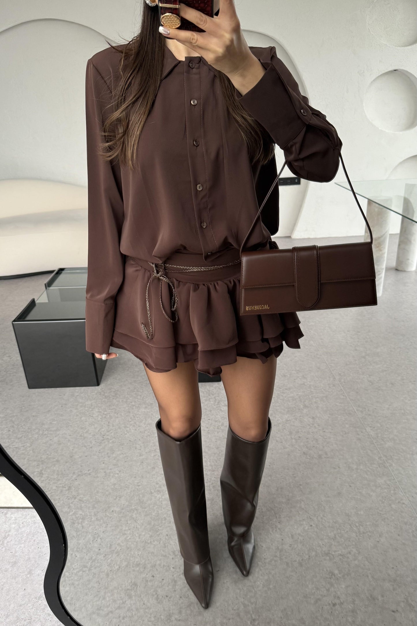 Santorini Acı Kahve Mini Pileli Gömlek Elbise