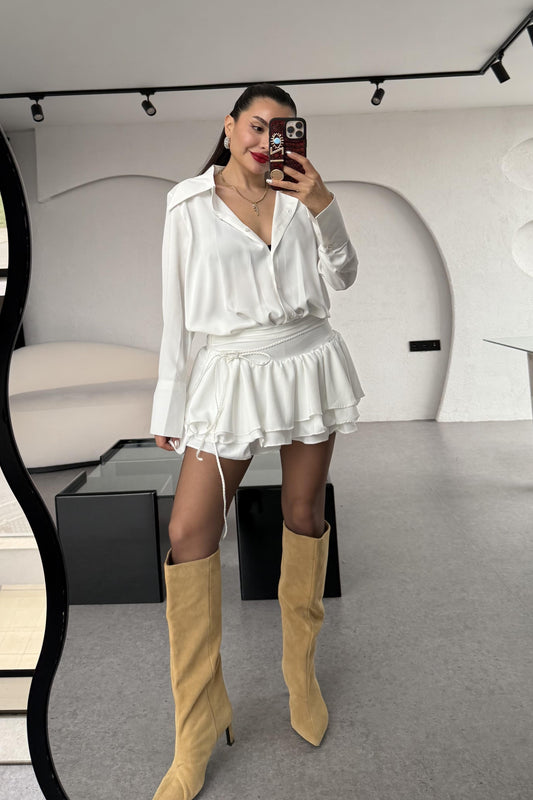 Santorini Beyaz Mini Pileli Gömlek Elbise