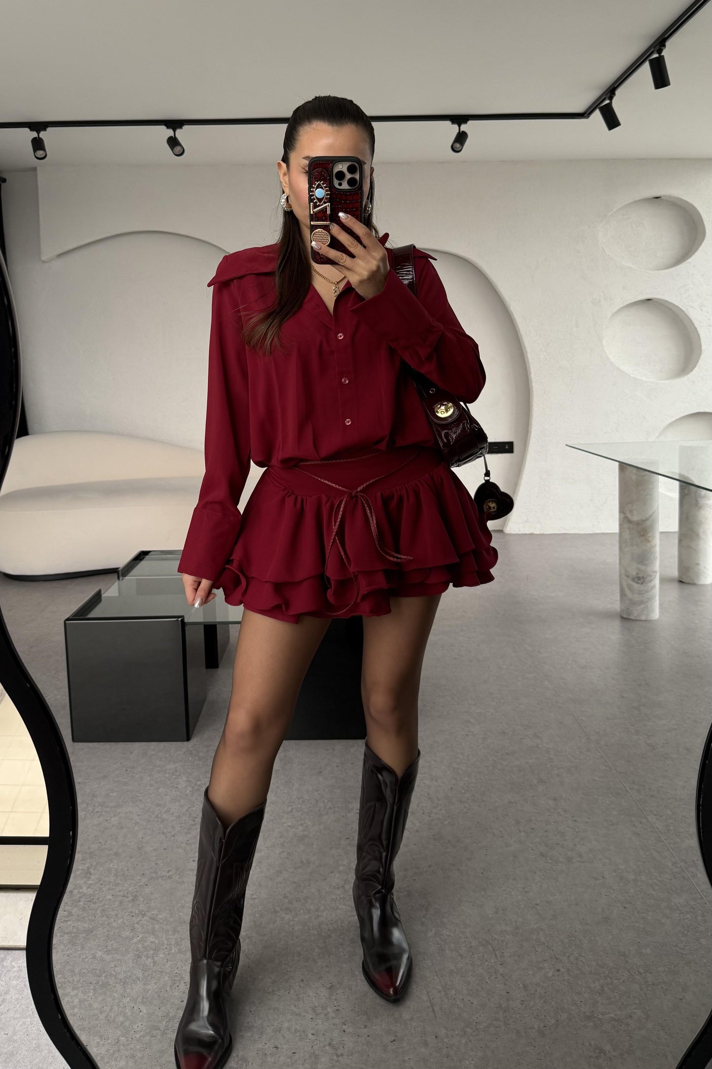 Santorini Bordo Mini Pileli Gömlek Elbise