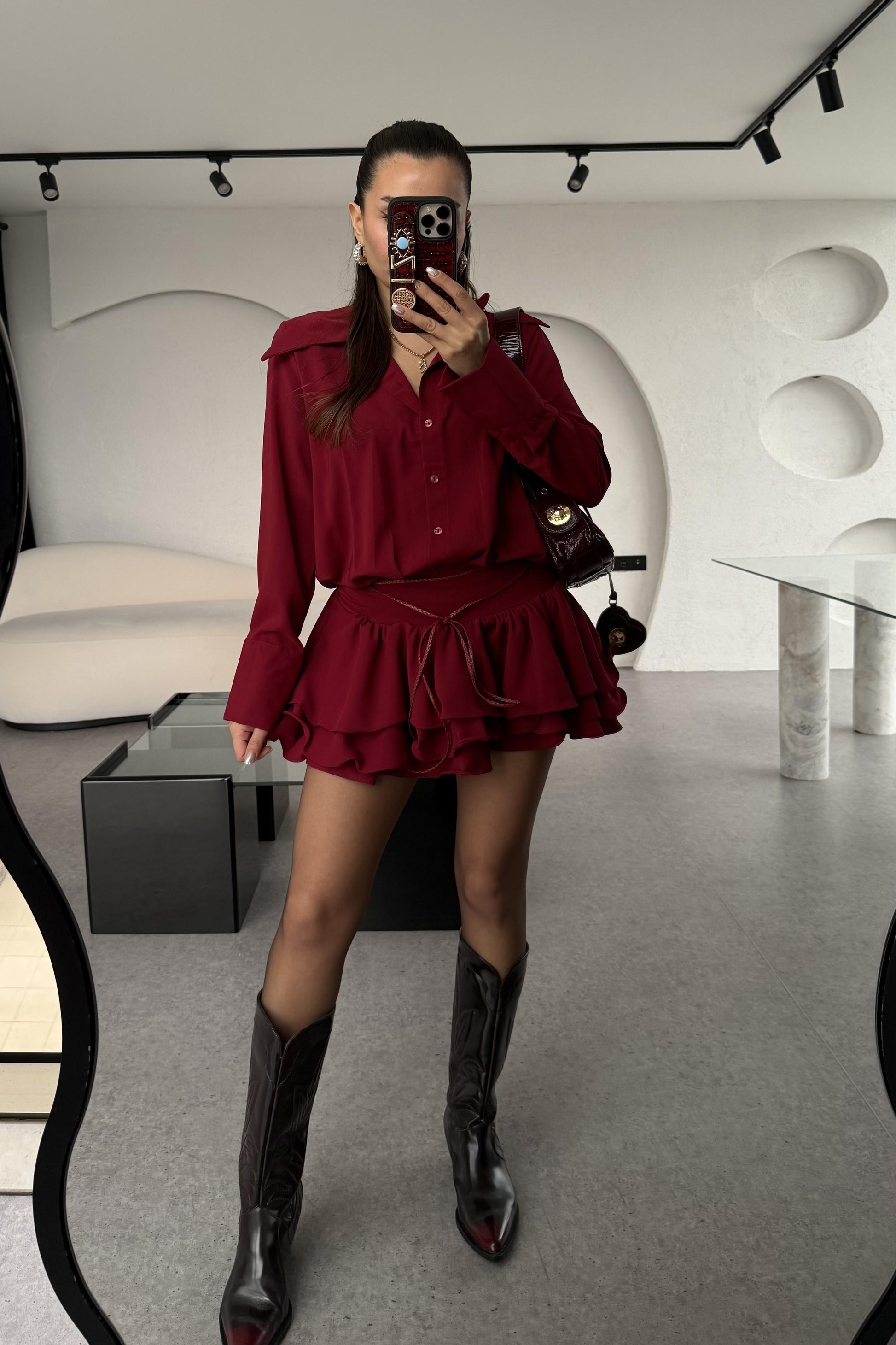 Santorini Bordo Mini Pileli Gömlek Elbise