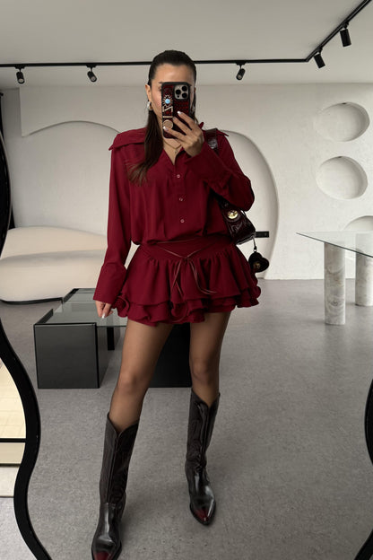 Santorini Bordo Mini Pileli Gömlek Elbise