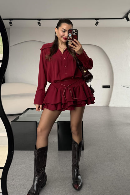 Santorini Bordo Mini Pileli Gömlek Elbise